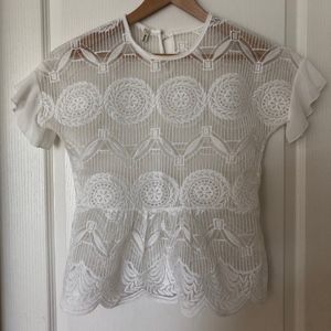 White Lace Peplum Top with Chiffon Sleeves NWOT